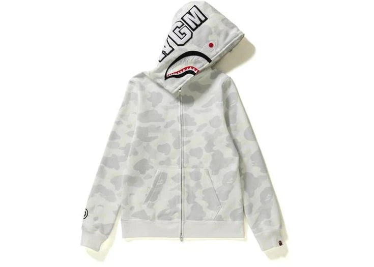 Bape White and Gray Camo Shark Full Zip Parker Hoodie