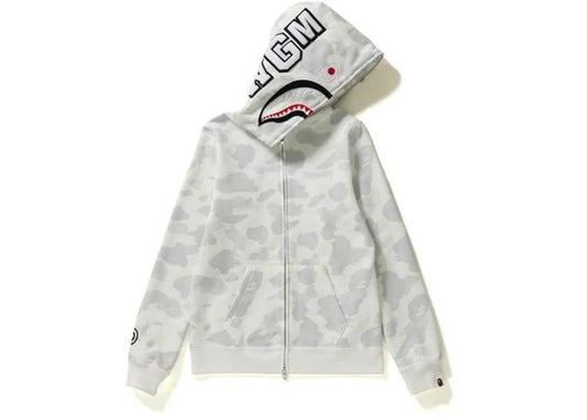 Bape White and Gray Camo Shark Full Zip Parker Hoodie